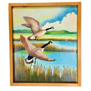 VTG Canadian Geese In Flight Original Colored Pencil Signed Art Framed Drawing